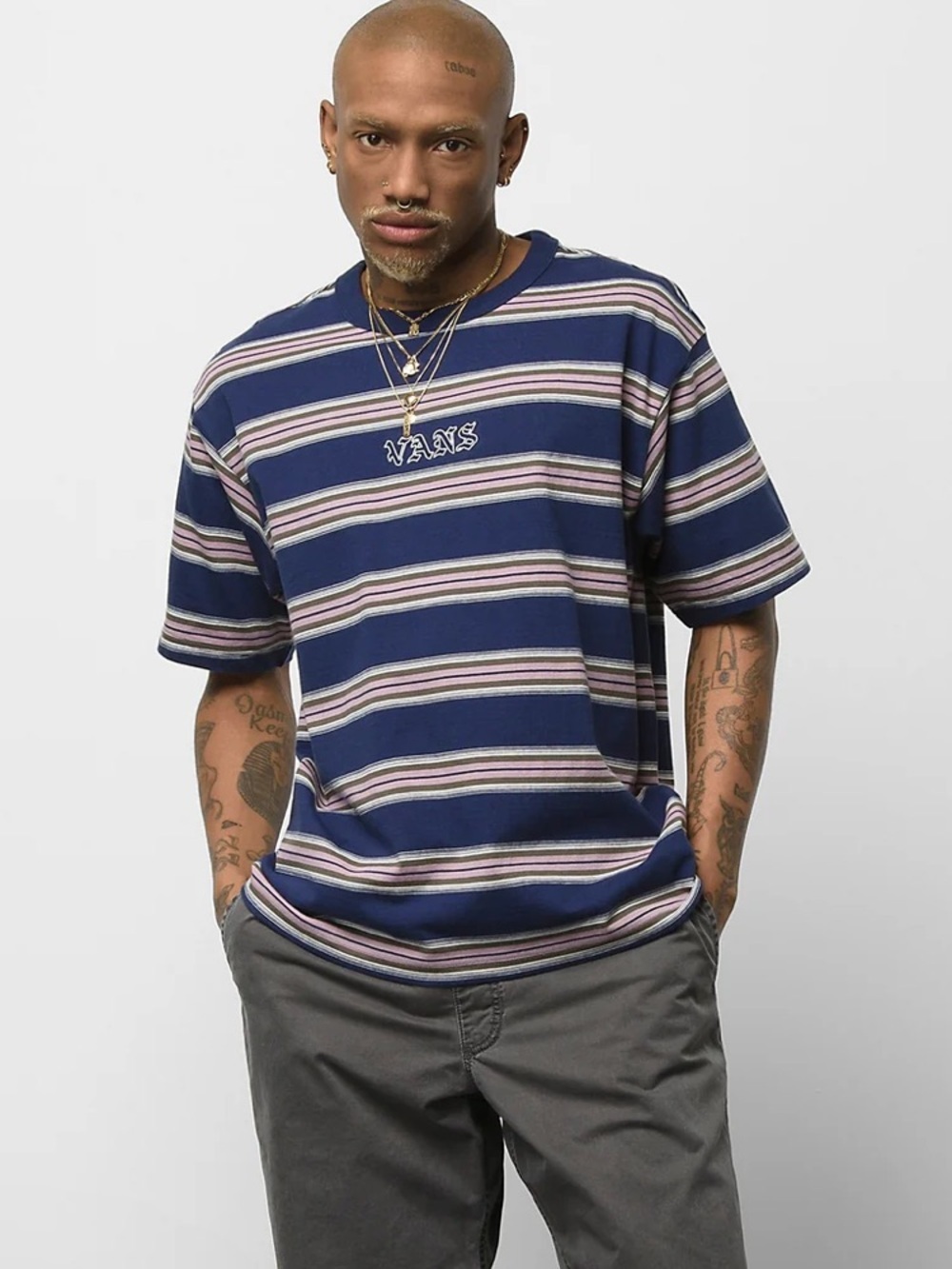 Vans Wilson Shirt 100% cotton Navy Stripe Short Sleeve T-Shirt size medium logo